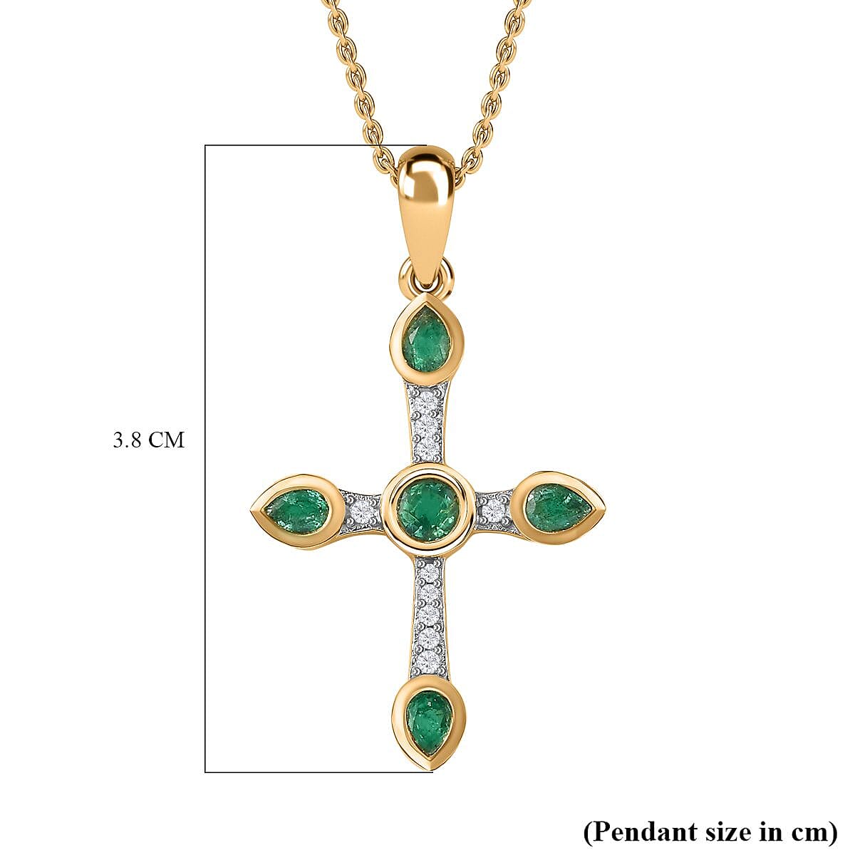 AAA Gemfields Emerald & Natural Zircon Cross Pendant with Chain (Size 20) in 18K Gold Vermeil Sterling Silver