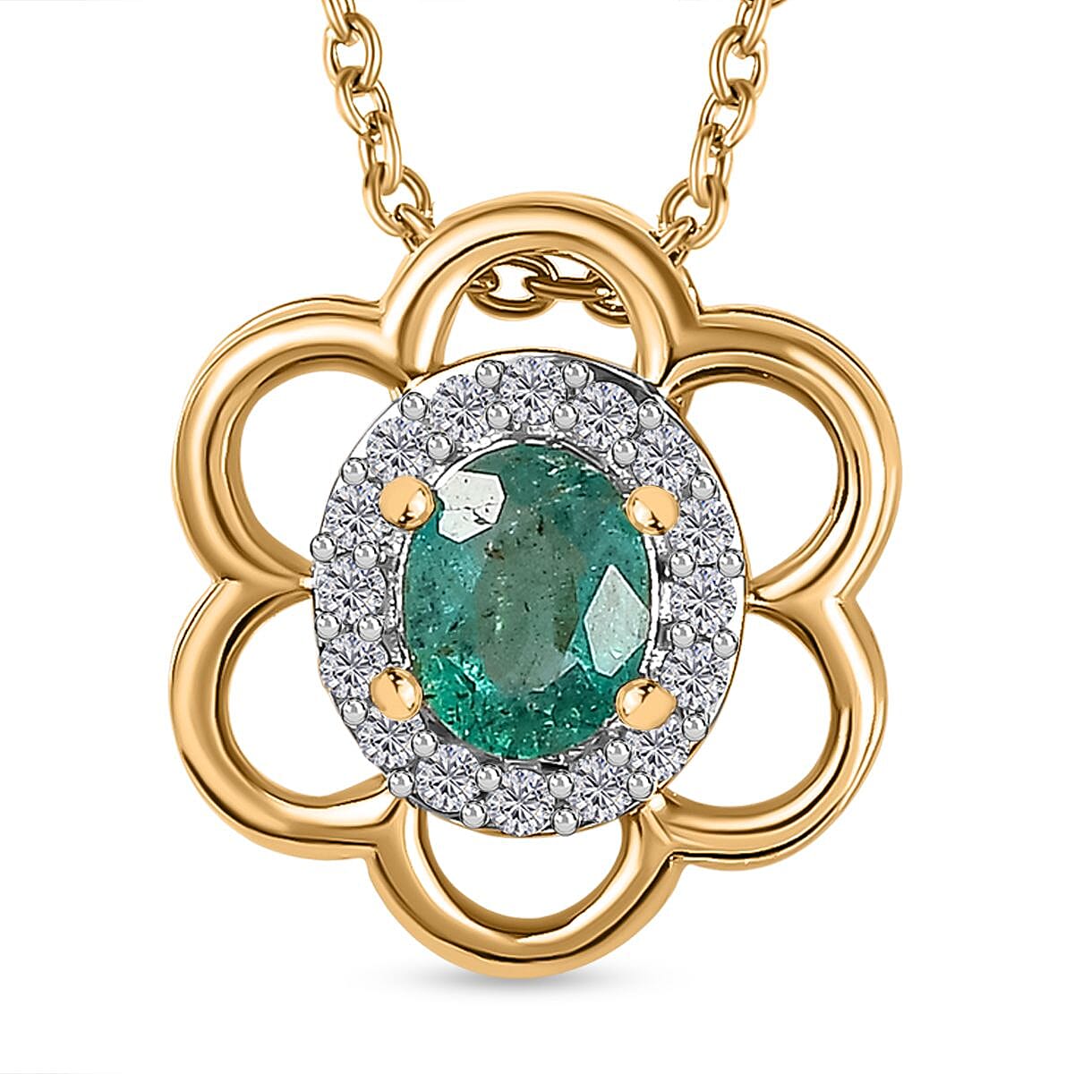 AAA Gemfields Emerald & Natural Zircon Floral Pendant with Chain (Size 20) in 18K Gold Vermeil Sterling Silver