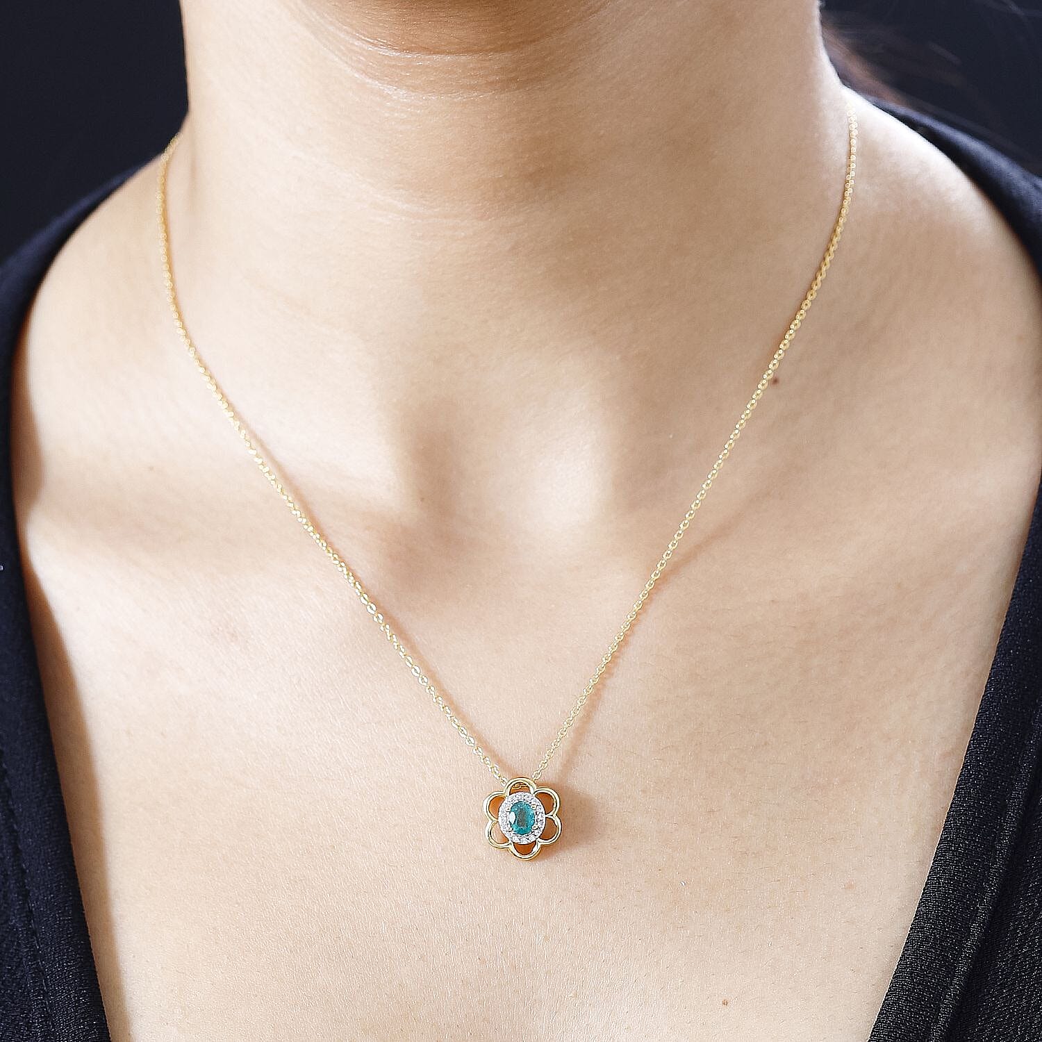 AAA Gemfields Emerald & Natural Zircon Floral Pendant with Chain (Size 20) in 18K Gold Vermeil Sterling Silver