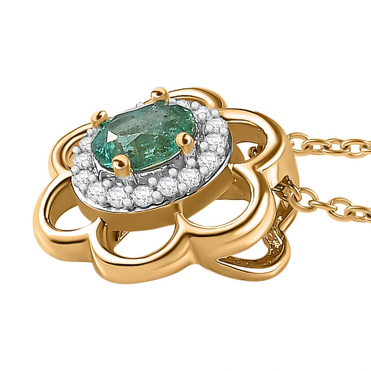 AAA Gemfields Emerald & Natural Zircon Floral Pendant with Chain (Size 20) in 18K Gold Vermeil Sterling Silver