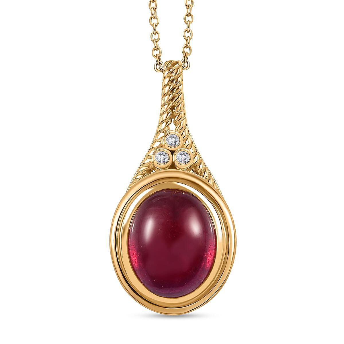 The Majestic Cabochon African Ruby, Moissanite Pendant with Chain (Size 20) in 18K Vermeil YG Plated Sterling Silver 8.05 Ct, Silver Wt. 5.6 Gms