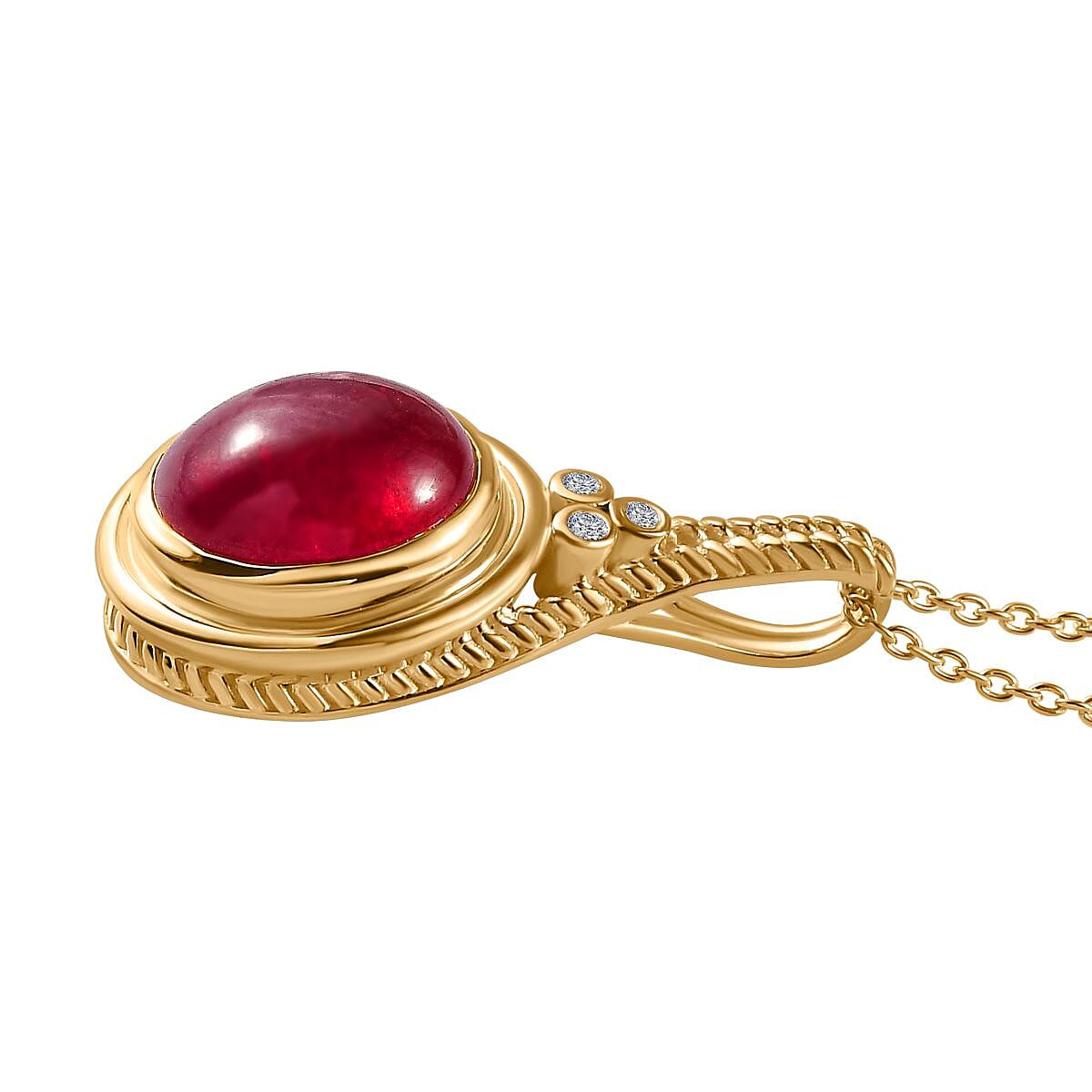 The Majestic Cabochon African Ruby, Moissanite Pendant with Chain (Size 20) in 18K Vermeil YG Plated Sterling Silver 8.05 Ct, Silver Wt. 5.6 Gms