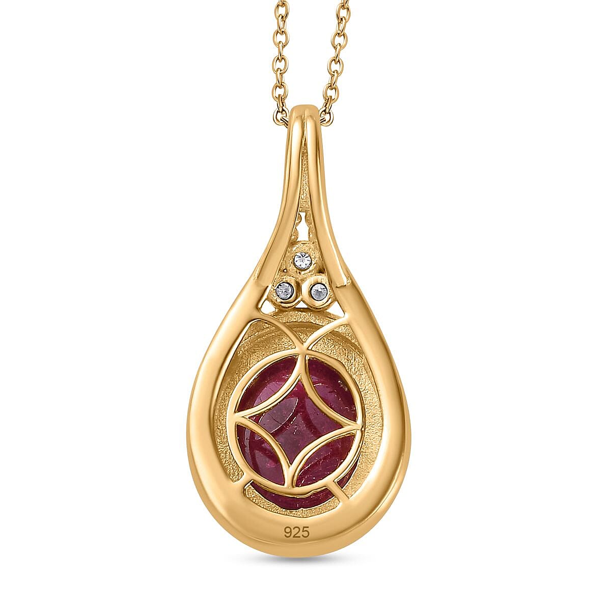 The Majestic Cabochon African Ruby, Moissanite Pendant with Chain (Size 20) in 18K Vermeil YG Plated Sterling Silver 8.05 Ct, Silver Wt. 5.6 Gms