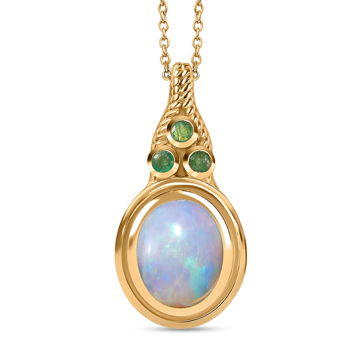 Ethiopian Opal & Premium Emerald Pendant with Chain (Size - 20) in 18K Vermeil Yellow Gold Plated Sterling Silver 2.75 Ct.