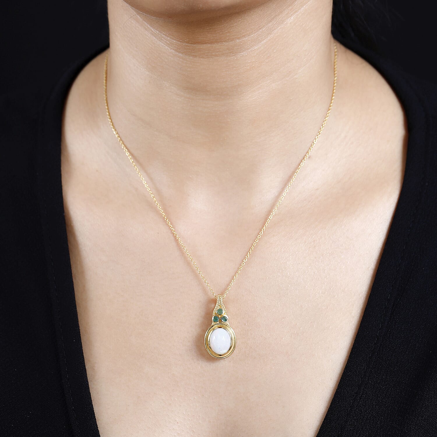 Ethiopian Opal & Premium Emerald Pendant with Chain (Size - 20) in 18K Vermeil Yellow Gold Plated Sterling Silver 2.75 Ct.