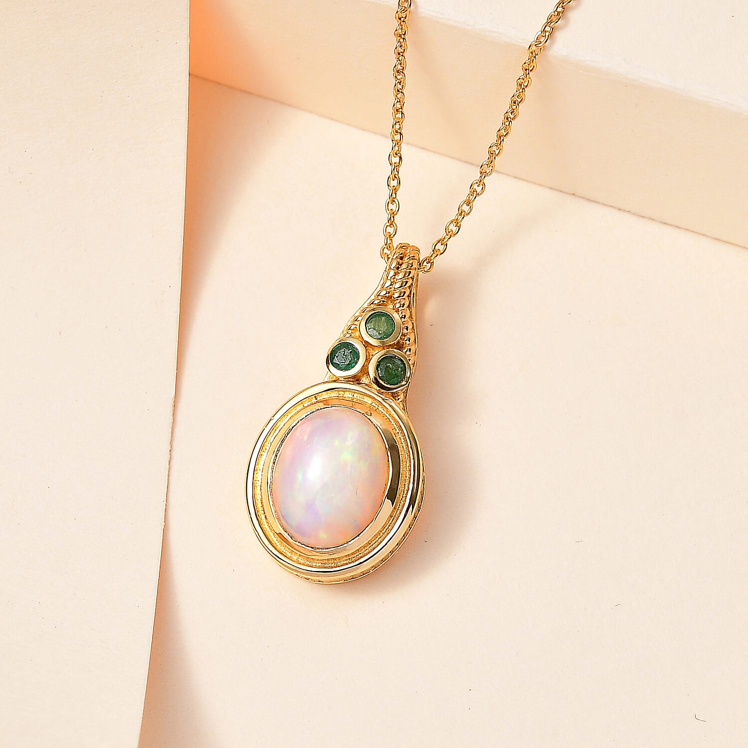 Ethiopian Opal & Premium Emerald Pendant with Chain (Size - 20) in 18K Vermeil Yellow Gold Plated Sterling Silver 2.75 Ct.