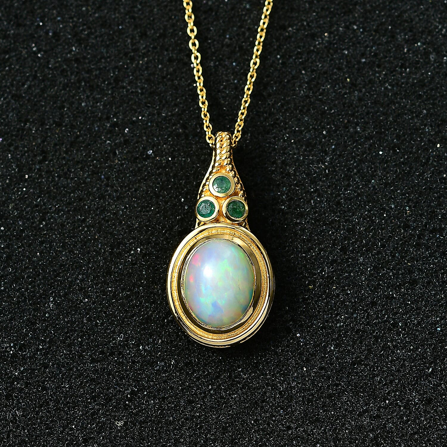 Ethiopian Opal & Premium Emerald Pendant with Chain (Size - 20) in 18K Vermeil Yellow Gold Plated Sterling Silver 2.75 Ct.
