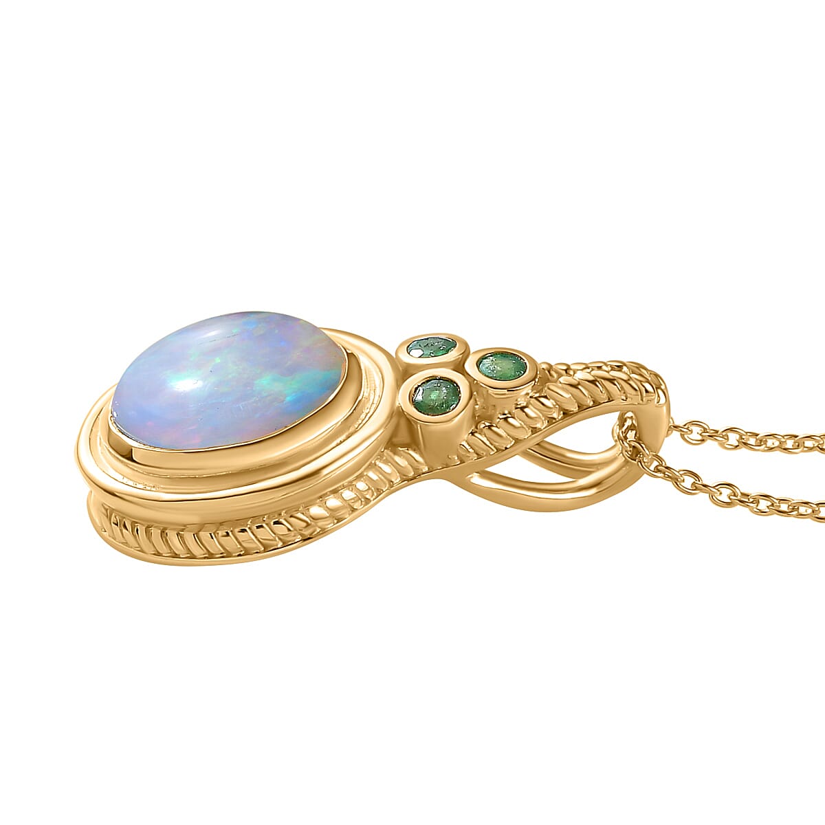 Ethiopian Opal & Premium Emerald Pendant with Chain (Size - 20) in 18K Vermeil Yellow Gold Plated Sterling Silver 2.75 Ct.
