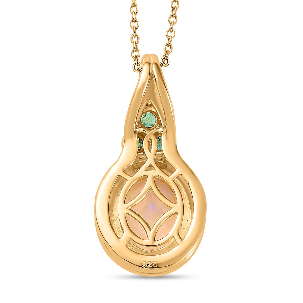 Ethiopian Opal & Premium Emerald Pendant with Chain (Size - 20) in 18K Vermeil Yellow Gold Plated Sterling Silver 2.75 Ct.