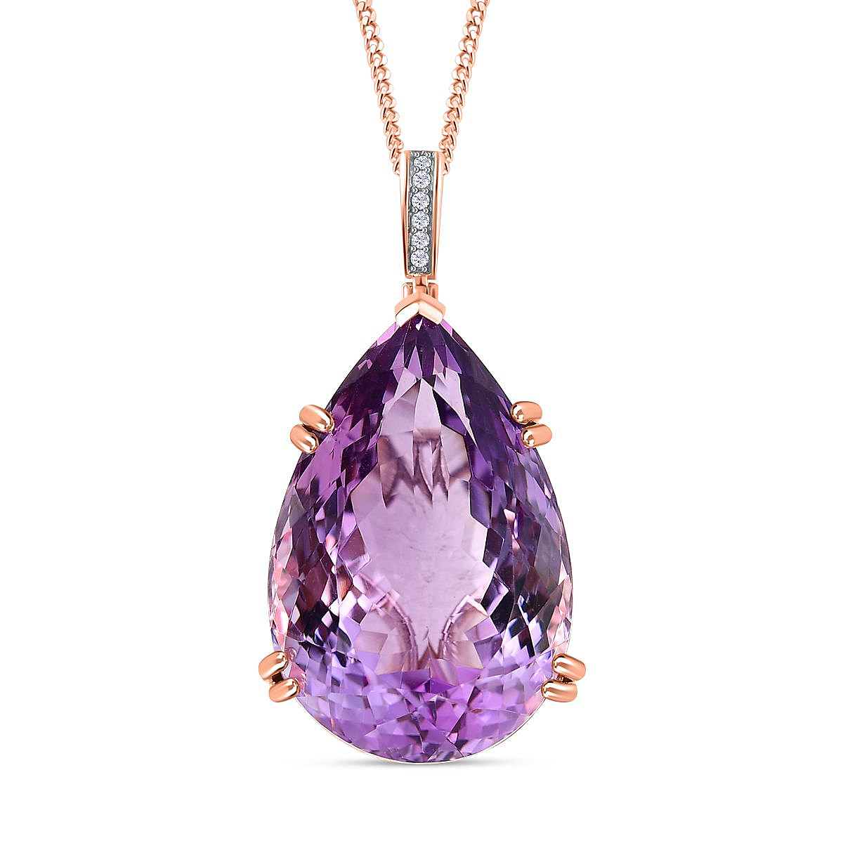 Rose De France Amethyst & Natural Zircon Pendant with Curb Chain (Size 20) in 18K Vermeil RG Plated Sterling Silver 51.60 Ct, SIilver Wt. 11.30 Gms