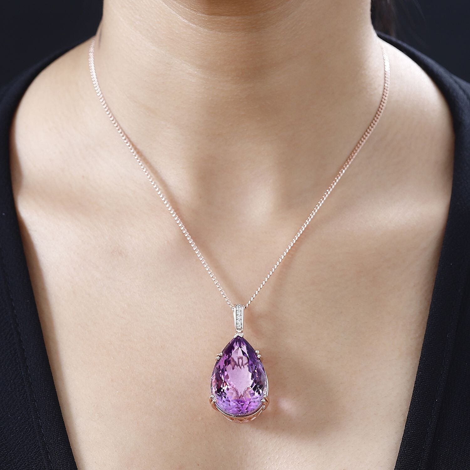 Rose De France Amethyst & Natural Zircon Pendant with Curb Chain (Size 20) in 18K Vermeil RG Plated Sterling Silver 51.60 Ct, SIilver Wt. 11.30 Gms