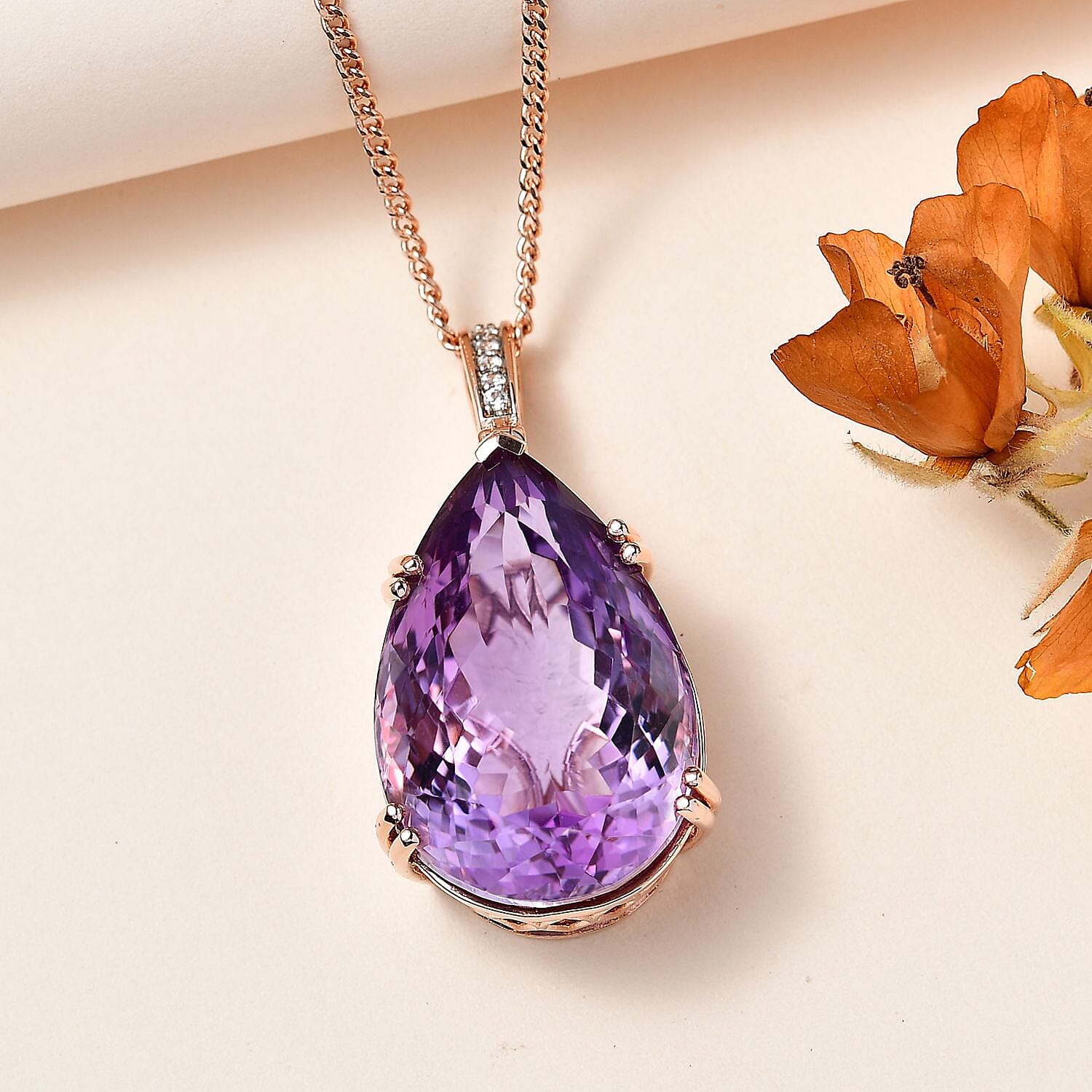 Rose De France Amethyst & Natural Zircon Pendant with Curb Chain (Size 20) in 18K Vermeil RG Plated Sterling Silver 51.60 Ct, SIilver Wt. 11.30 Gms