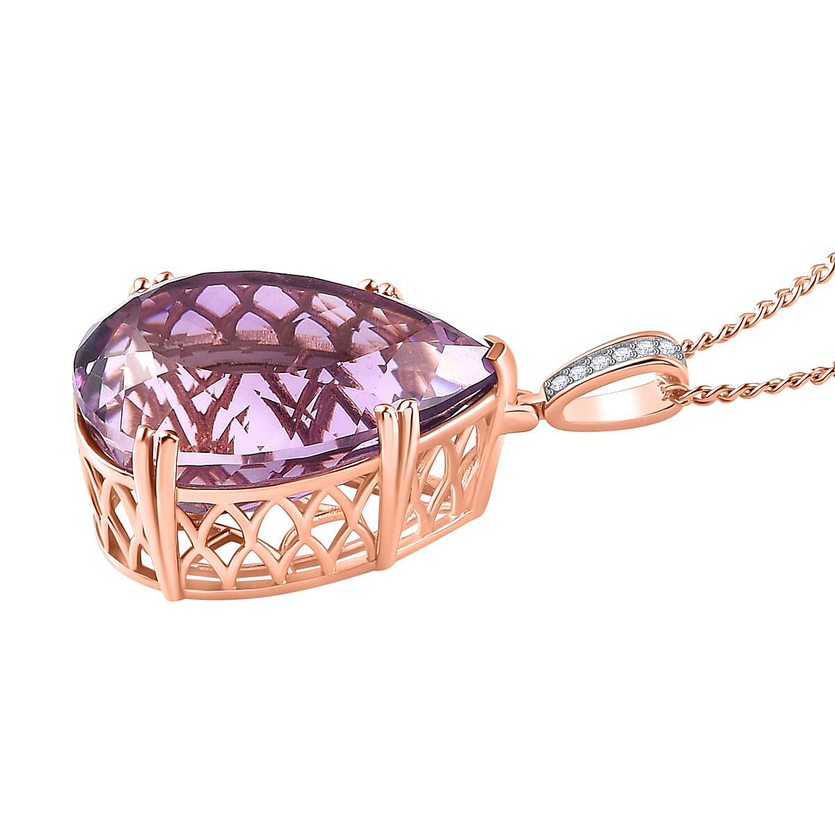 Rose De France Amethyst & Natural Zircon Pendant with Curb Chain (Size 20) in 18K Vermeil RG Plated Sterling Silver 51.60 Ct, SIilver Wt. 11.30 Gms