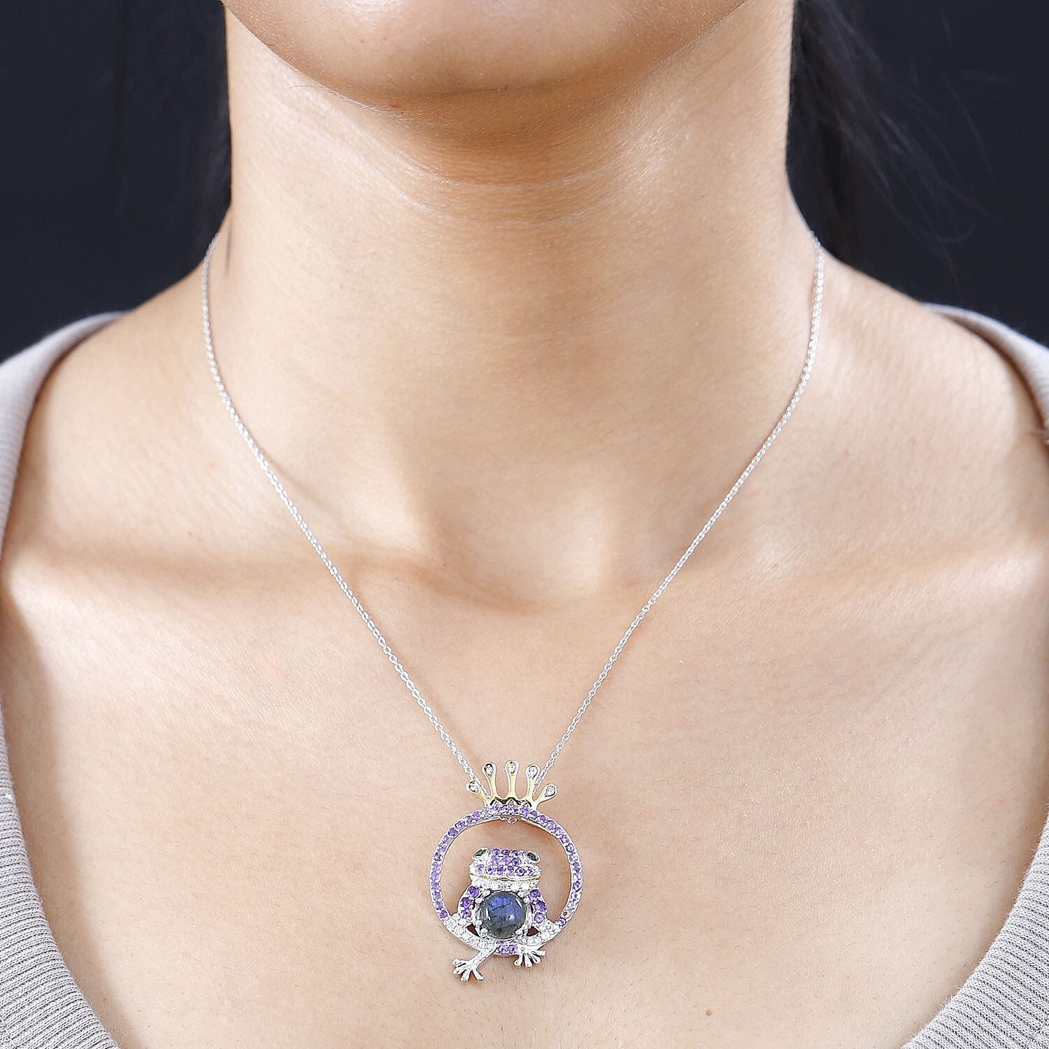 GP Italian Garden Collection - Labradorite, Amethyst, Natural Chrome Diopside & Zircon Pendant with Chain (Size 20) in Platinum & 18K Vermeil YG Plated Sterling Silver 3.81 Ct.
