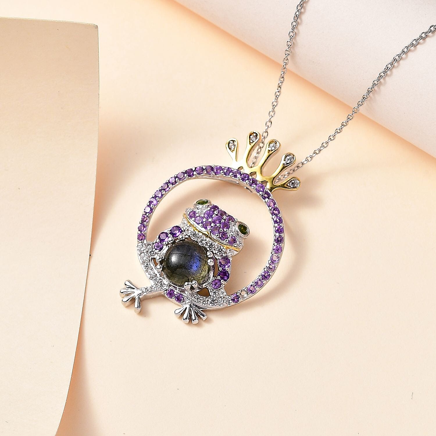 GP Italian Garden Collection - Labradorite, Amethyst, Natural Chrome Diopside & Zircon Pendant with Chain (Size 20) in Platinum & 18K Vermeil YG Plated Sterling Silver 3.81 Ct.