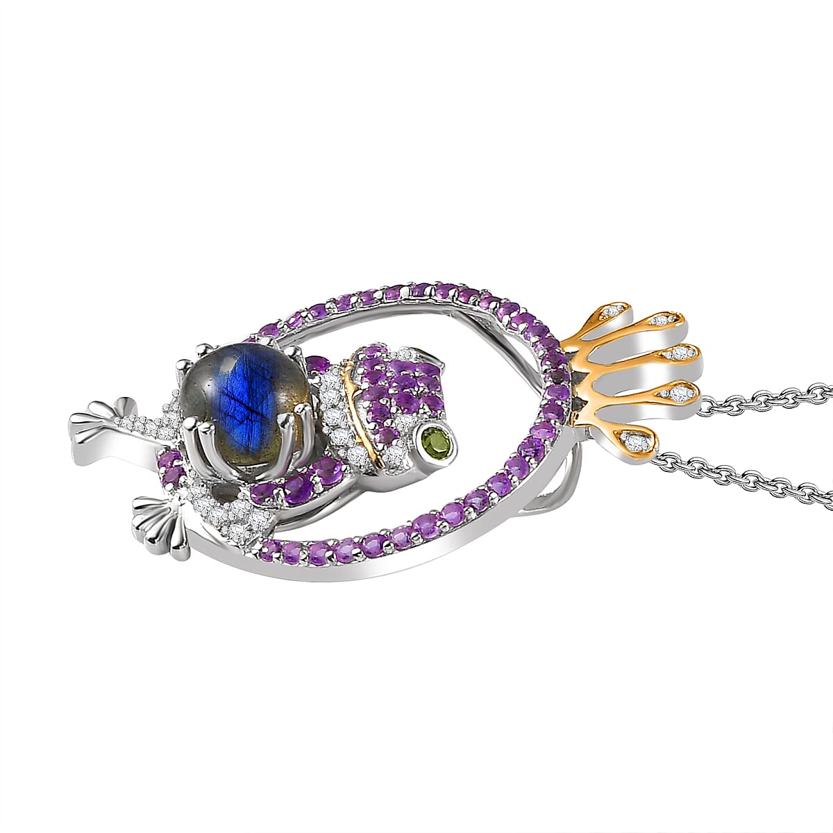 GP Italian Garden Collection - Labradorite, Amethyst, Natural Chrome Diopside & Zircon Pendant with Chain (Size 20) in Platinum & 18K Vermeil YG Plated Sterling Silver 3.81 Ct.