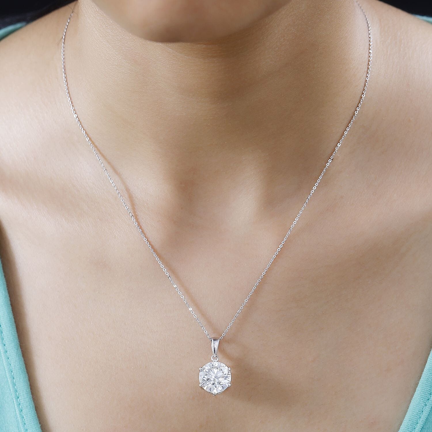 Moissanite Pendant with Chain (Size 20) in Platinum Overlay Sterling Silver  Wt. 5.4 Gms  5.700  Ct.