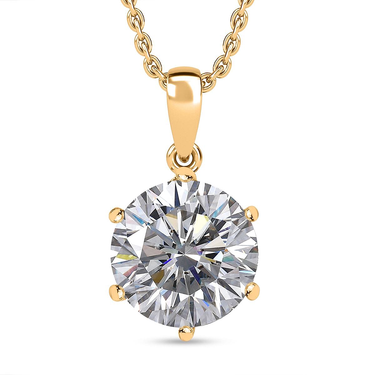 Moissanite Solitaire Pendant with Chain (Size 20) in 18K Vermeil Plated Sterling Silver 5.70 Ct, Silver Wt. 5.37 Gms
