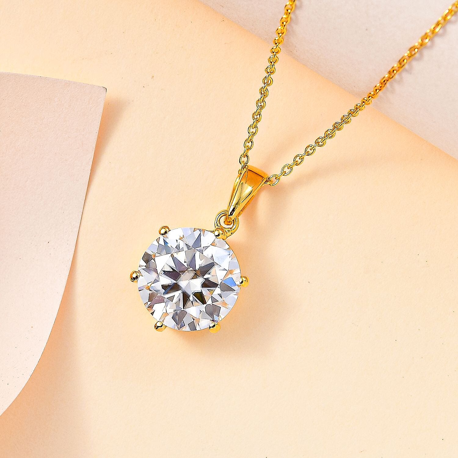 Moissanite Solitaire Pendant with Chain (Size 20) in 18K Vermeil Plated Sterling Silver 5.70 Ct, Silver Wt. 5.37 Gms