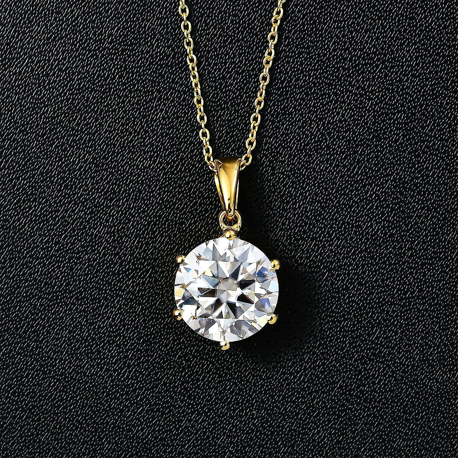 Moissanite Solitaire Pendant with Chain (Size 20) in 18K Vermeil Plated Sterling Silver 5.70 Ct, Silver Wt. 5.37 Gms