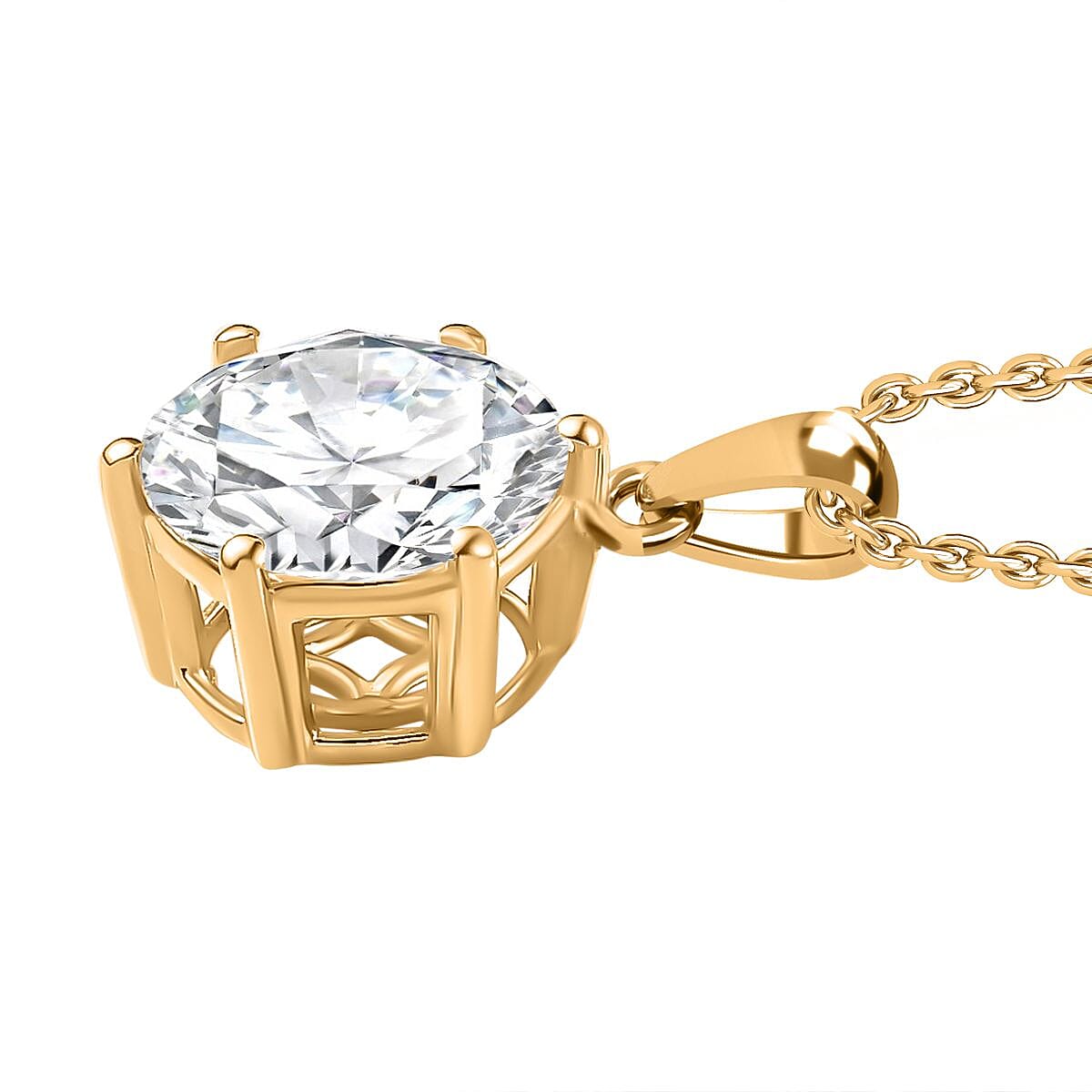 Moissanite Solitaire Pendant with Chain (Size 20) in 18K Vermeil Plated Sterling Silver 5.70 Ct, Silver Wt. 5.37 Gms