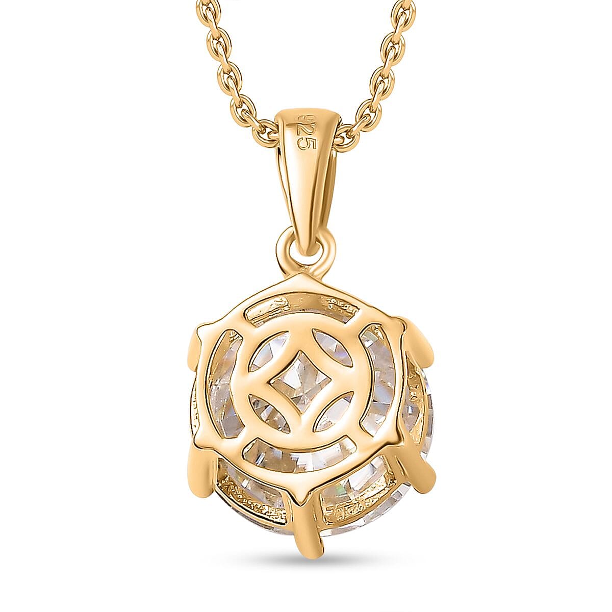 Moissanite Solitaire Pendant with Chain (Size 20) in 18K Vermeil Plated Sterling Silver 5.70 Ct, Silver Wt. 5.37 Gms