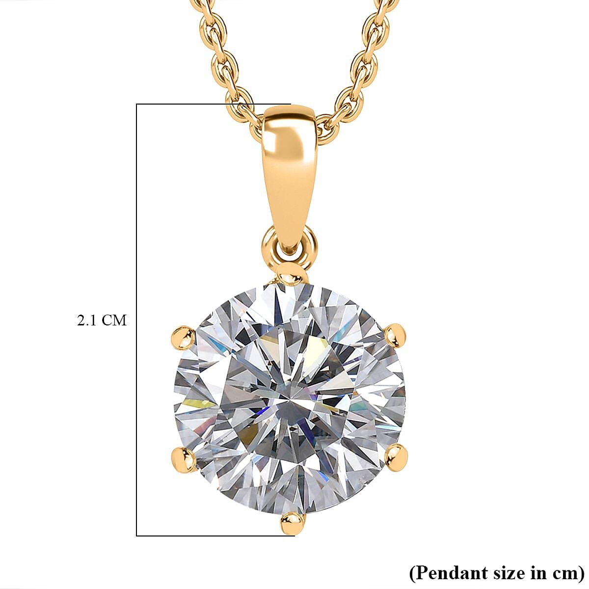 Moissanite Solitaire Pendant with Chain (Size 20) in 18K Vermeil Plated Sterling Silver 5.70 Ct, Silver Wt. 5.37 Gms