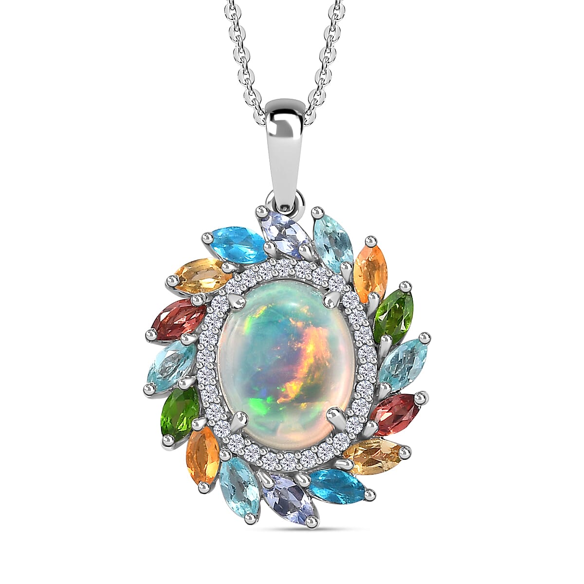 Ethiopian Welo Opal & Multigemstone Pendant with Chain (Size 20) in Platinum Overlay Sterling Silver 3.66 Ct.