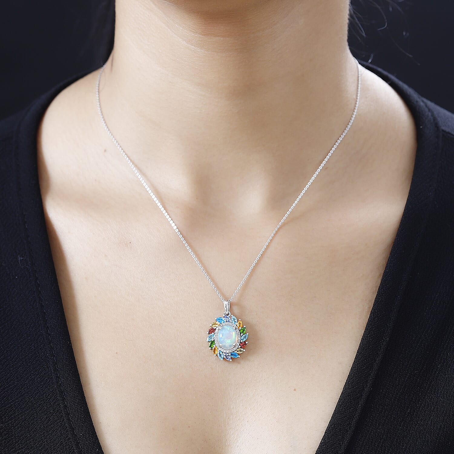 Ethiopian Welo Opal & Multigemstone Pendant with Chain (Size 20) in Platinum Overlay Sterling Silver 3.66 Ct.
