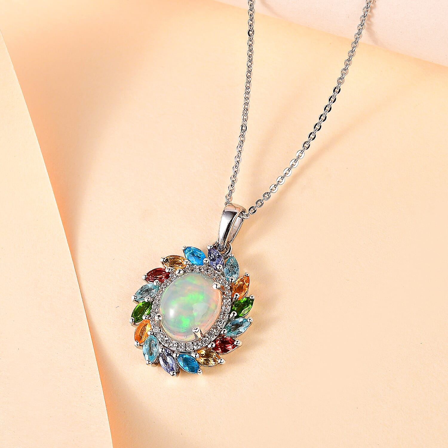 Ethiopian Welo Opal & Multigemstone Pendant with Chain (Size 20) in Platinum Overlay Sterling Silver 3.66 Ct.