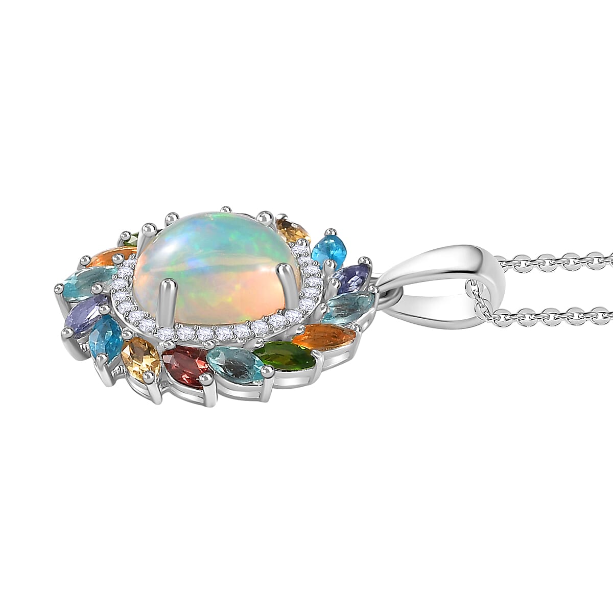 Ethiopian Welo Opal & Multigemstone Pendant with Chain (Size 20) in Platinum Overlay Sterling Silver 3.66 Ct.