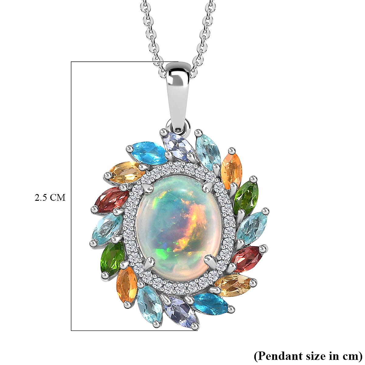 Ethiopian Welo Opal & Multigemstone Pendant with Chain (Size 20) in Platinum Overlay Sterling Silver 3.66 Ct.