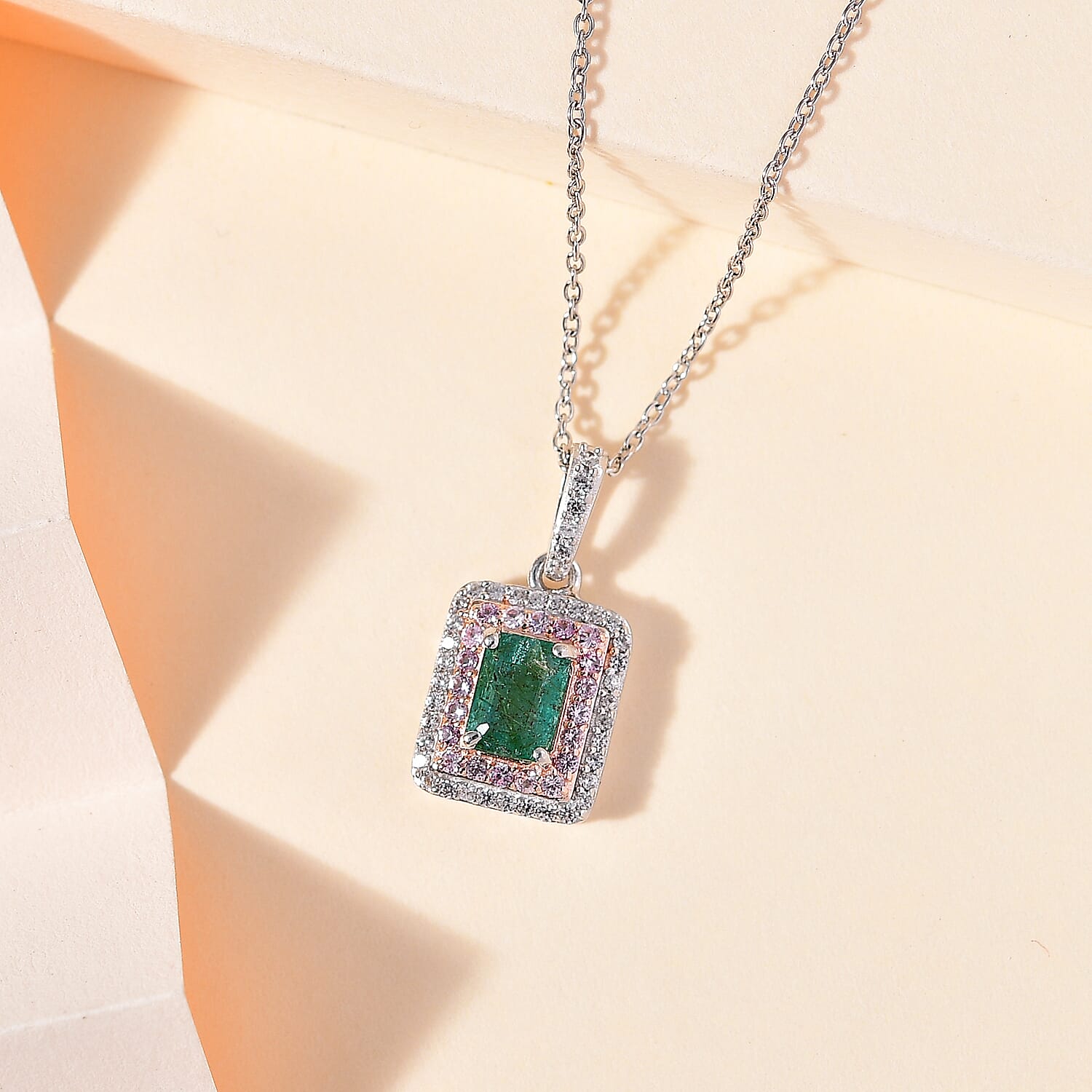 AAA Gemfields Zambian Emerald, Pink Sapphire and Natural Zircon Pendant with Chain (Size 20) in 18K Rose Gold & Platinum Plated Sterling Silver 1.80 Ct.