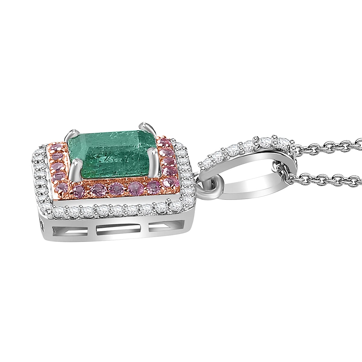 AAA Gemfields Zambian Emerald, Pink Sapphire and Natural Zircon Pendant with Chain (Size 20) in 18K Rose Gold & Platinum Plated Sterling Silver 1.80 Ct.
