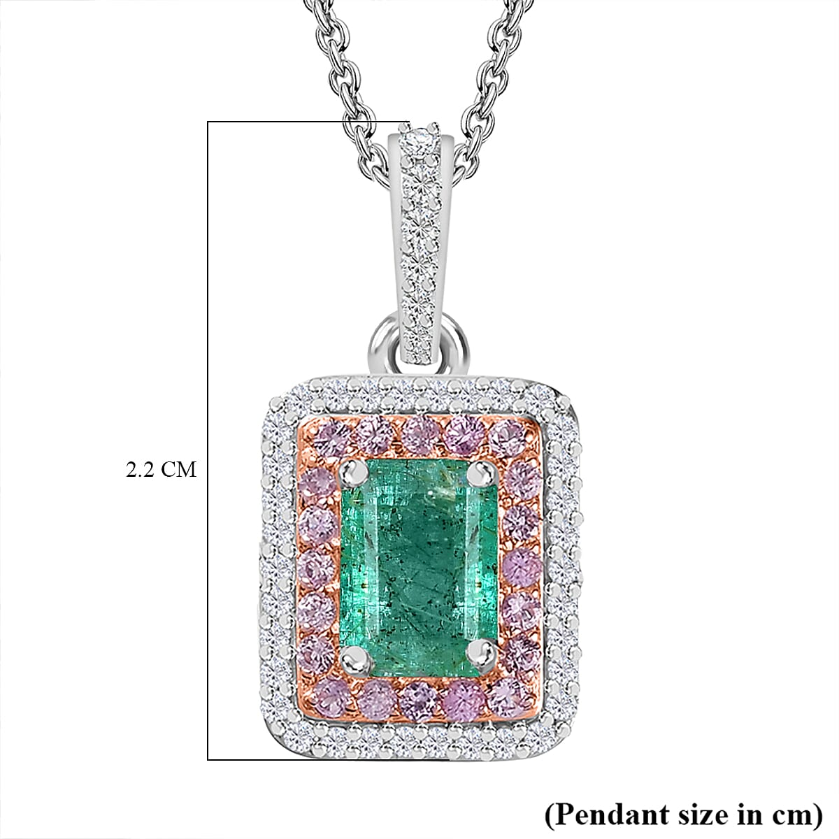 AAA Gemfields Zambian Emerald, Pink Sapphire and Natural Zircon Pendant with Chain (Size 20) in 18K Rose Gold & Platinum Plated Sterling Silver 1.80 Ct.
