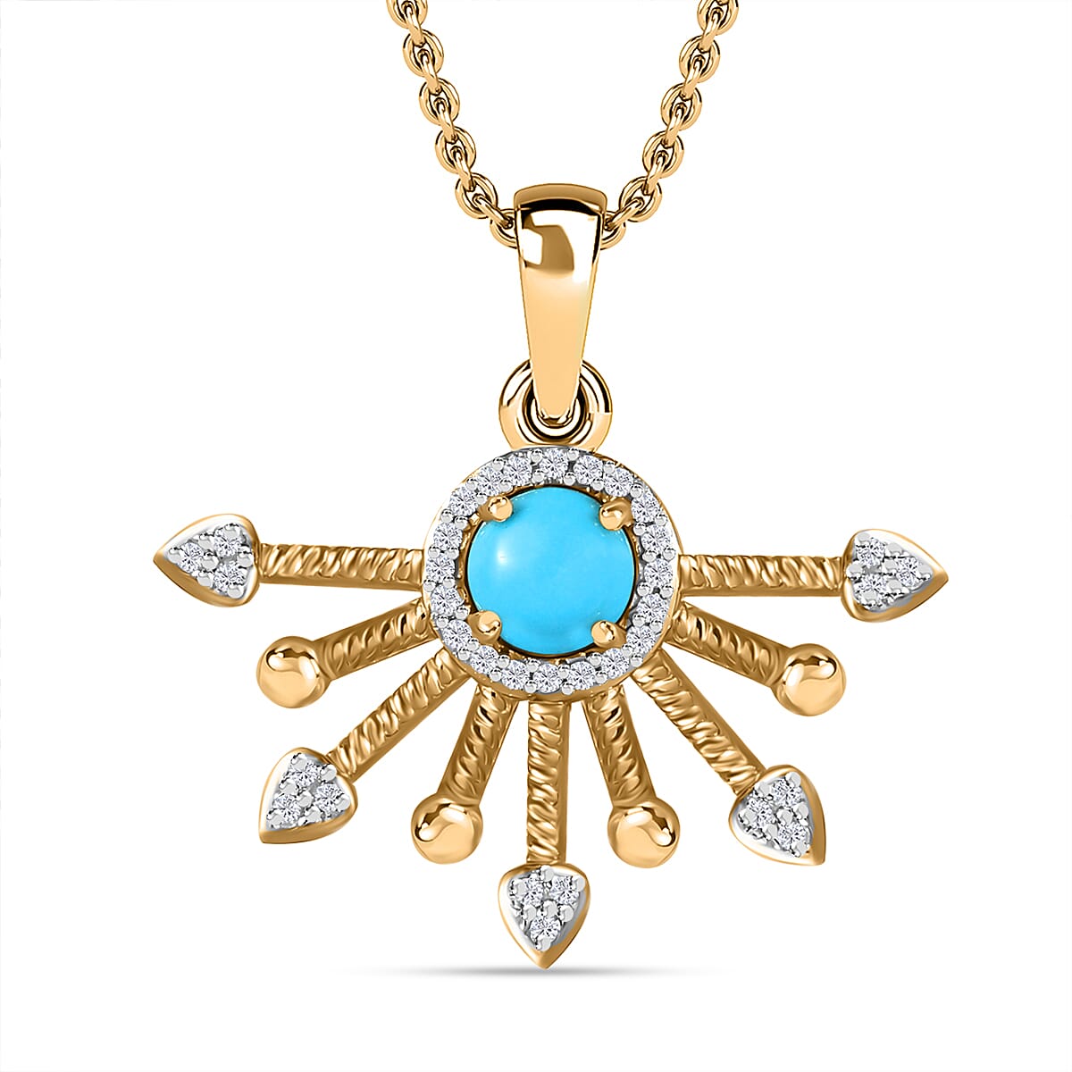 Arizona Sleeping Beauty Turquoise & Natural Zircon Half-Sun Pendant with Chain (Size 20) in 18K Vermeil YG Plated Sterling Silver, Silver Wt. 6.87 Gms