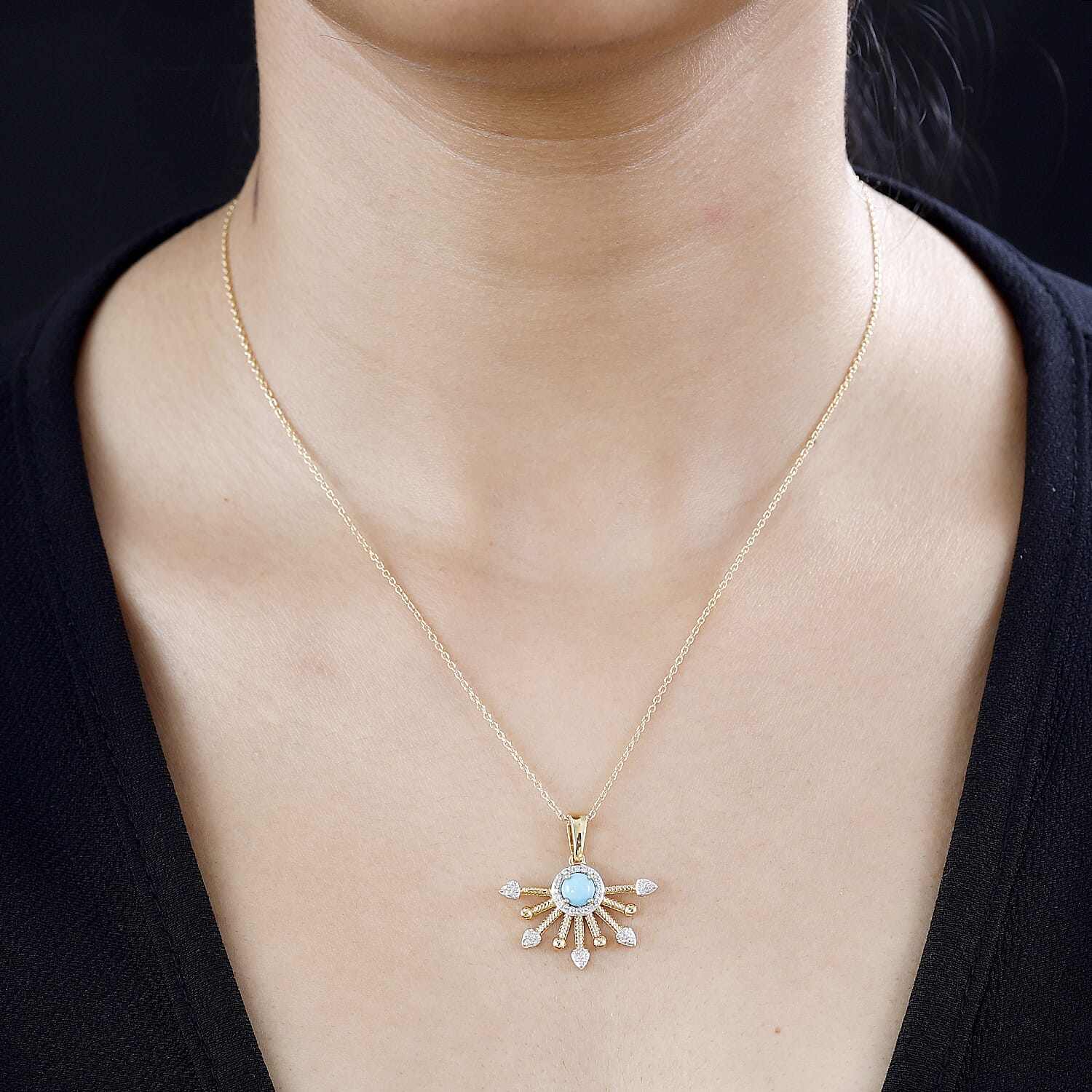 Arizona Sleeping Beauty Turquoise & Natural Zircon Half-Sun Pendant with Chain (Size 20) in 18K Vermeil YG Plated Sterling Silver, Silver Wt. 6.87 Gms