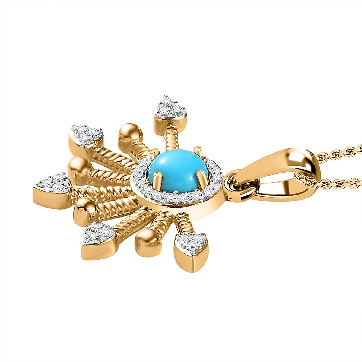 Arizona Sleeping Beauty Turquoise & Natural Zircon Half-Sun Pendant with Chain (Size 20) in 18K Vermeil YG Plated Sterling Silver, Silver Wt. 6.87 Gms