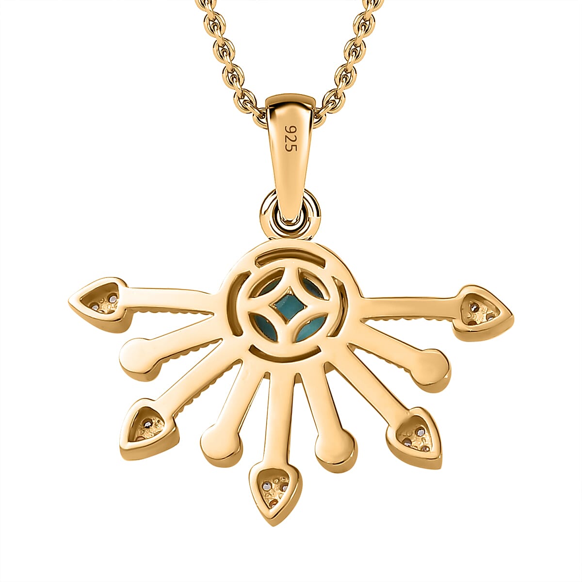 Arizona Sleeping Beauty Turquoise & Natural Zircon Half-Sun Pendant with Chain (Size 20) in 18K Vermeil YG Plated Sterling Silver, Silver Wt. 6.87 Gms