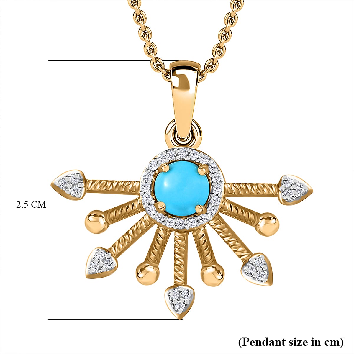 Arizona Sleeping Beauty Turquoise & Natural Zircon Half-Sun Pendant with Chain (Size 20) in 18K Vermeil YG Plated Sterling Silver, Silver Wt. 6.87 Gms