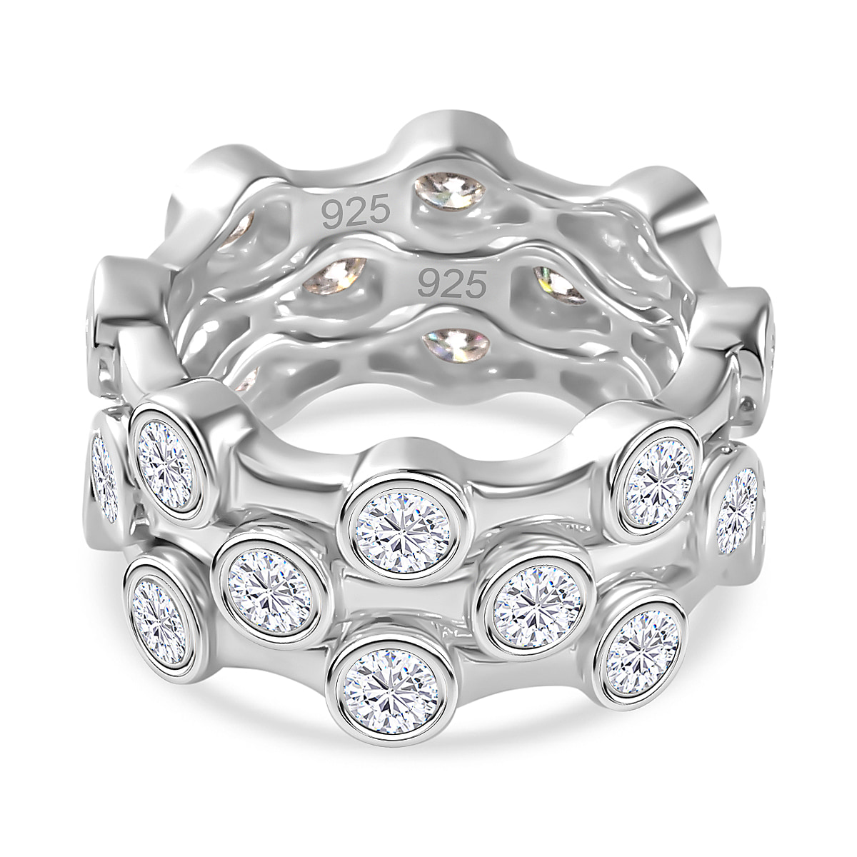 Set of 3 Deal- Moissanite Bubble Band Ring in Platinum Overlay Sterling 2.61 Ct, Silver Wt. 8 Gms