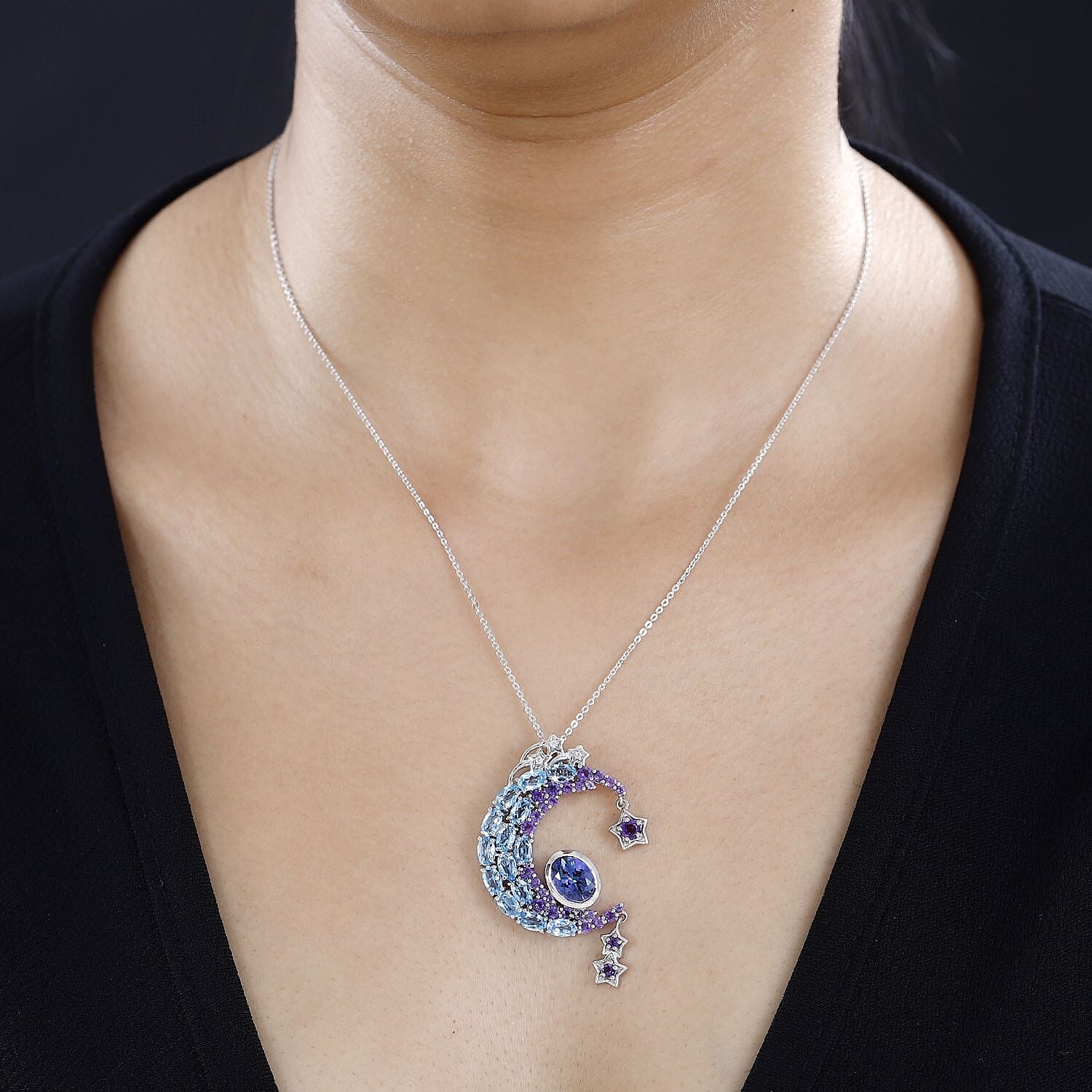 GP Celestial Dream Collection - Blue Petalite & Multi Gemstone Pendant with Chain (Size 20) in Platinum Overlay Sterling Silver 6.,28 Ct, Silver Wt. 8.4 Gms