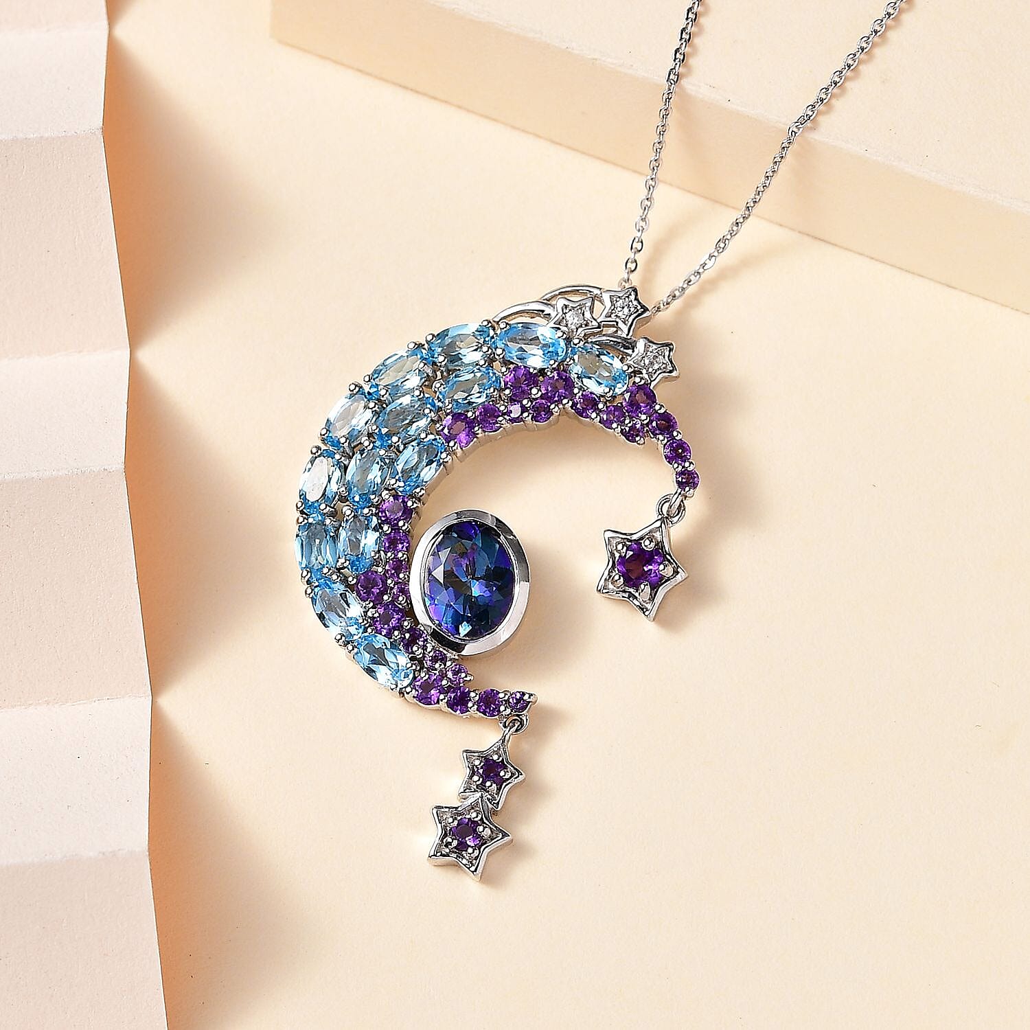 GP Celestial Dream Collection - Blue Petalite & Multi Gemstone Pendant with Chain (Size 20) in Platinum Overlay Sterling Silver 6.,28 Ct, Silver Wt. 8.4 Gms
