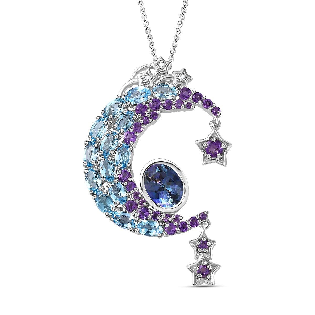 GP Celestial Dream Collection - Blue Petalite & Multi Gemstone Pendant with Chain (Size 20) in Platinum Overlay Sterling Silver 6.,28 Ct, Silver Wt. 8.4 Gms