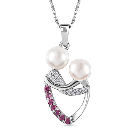 GP Italian Garden Collection - White Pearl, Rhodolite Garnet & Natural Zircon Pendant with Chain (Size 20) in Platinum Overlay Sterling Silver 2.68 Ct, Silver Wt. 6.4 Gms
