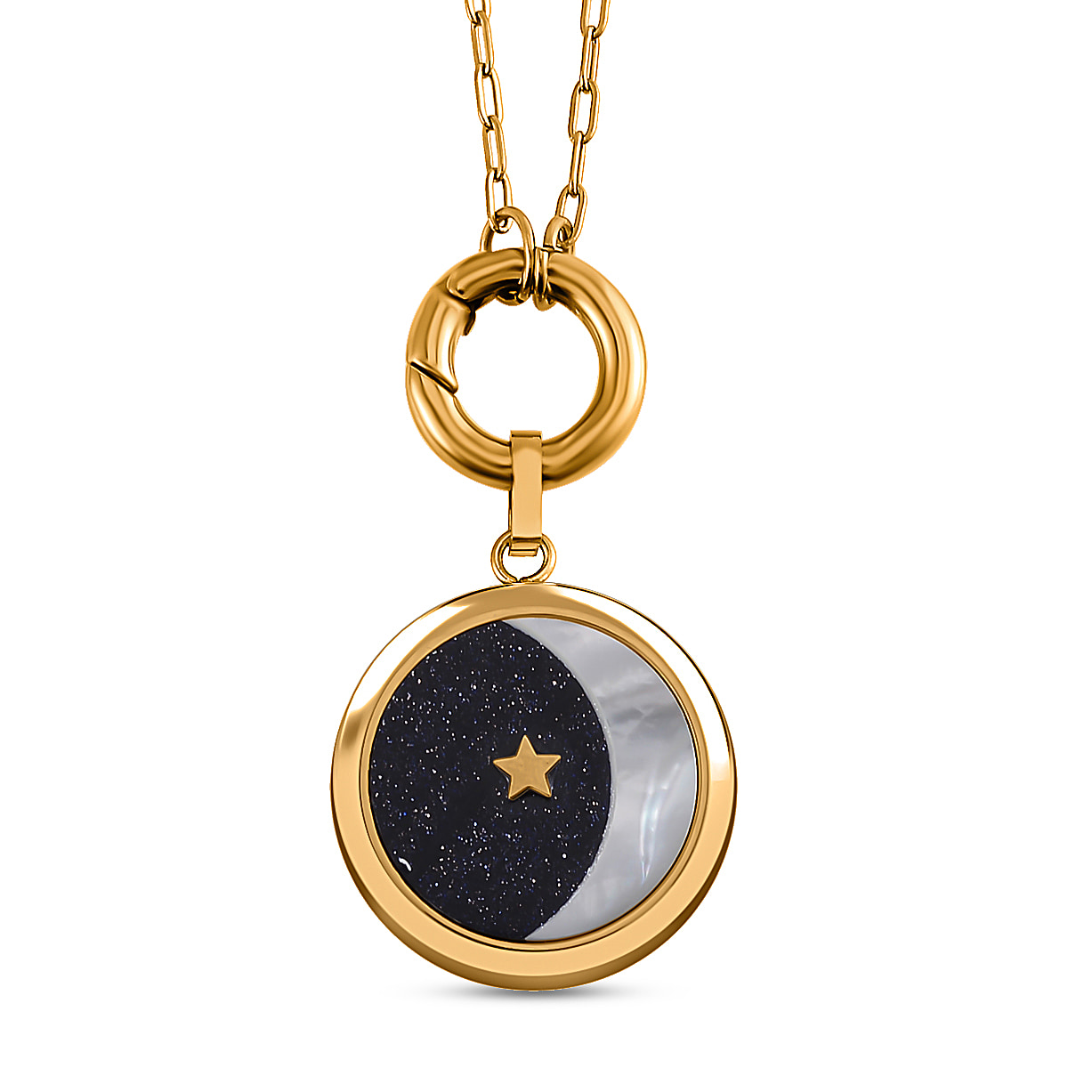 Blue Sandstone & Natural Colour Shell Pendant with Stainless Steel Chain (Size 24) in Yellow Gold Tone