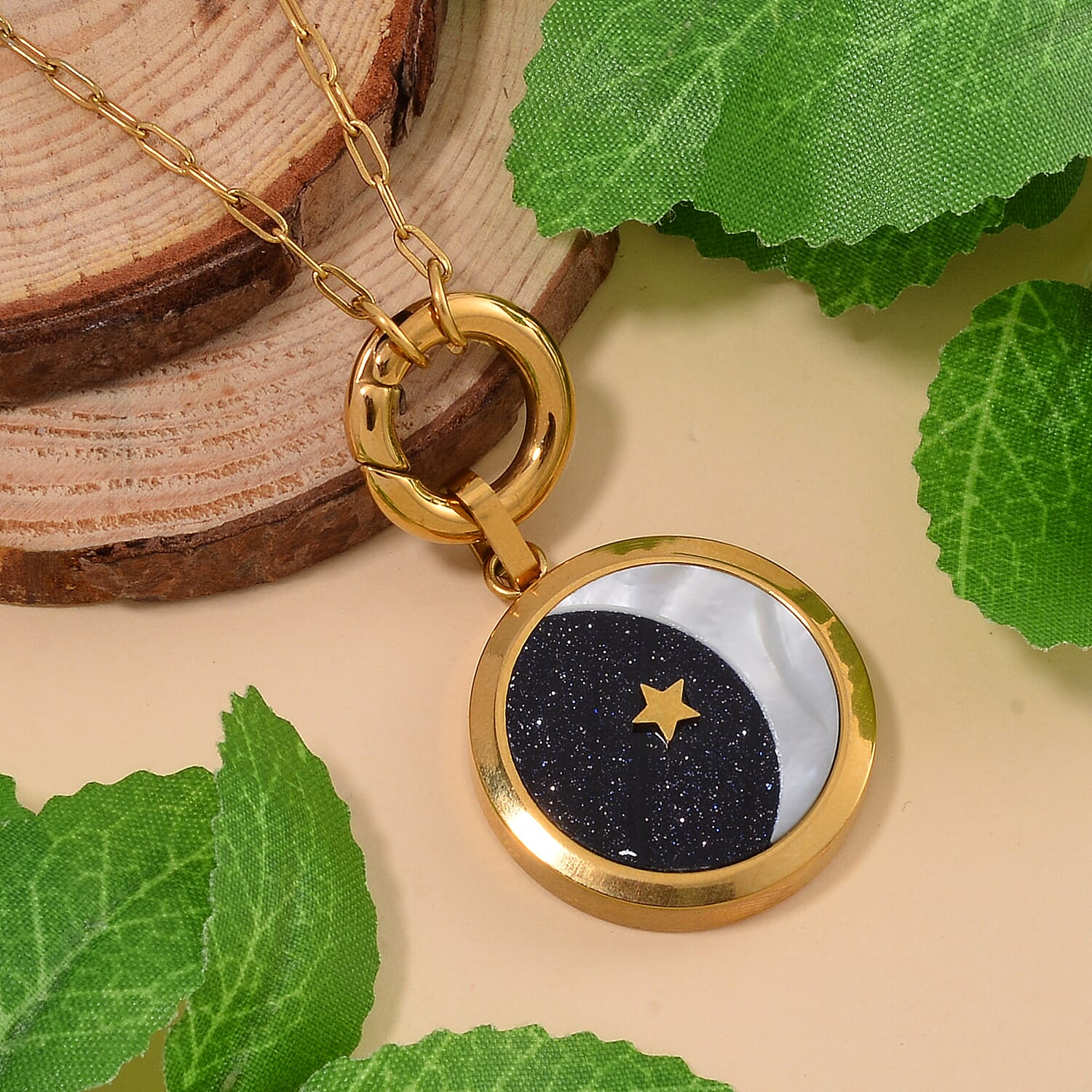 Blue Sandstone & Natural Colour Shell Pendant with Stainless Steel Chain (Size 24) in Yellow Gold Tone