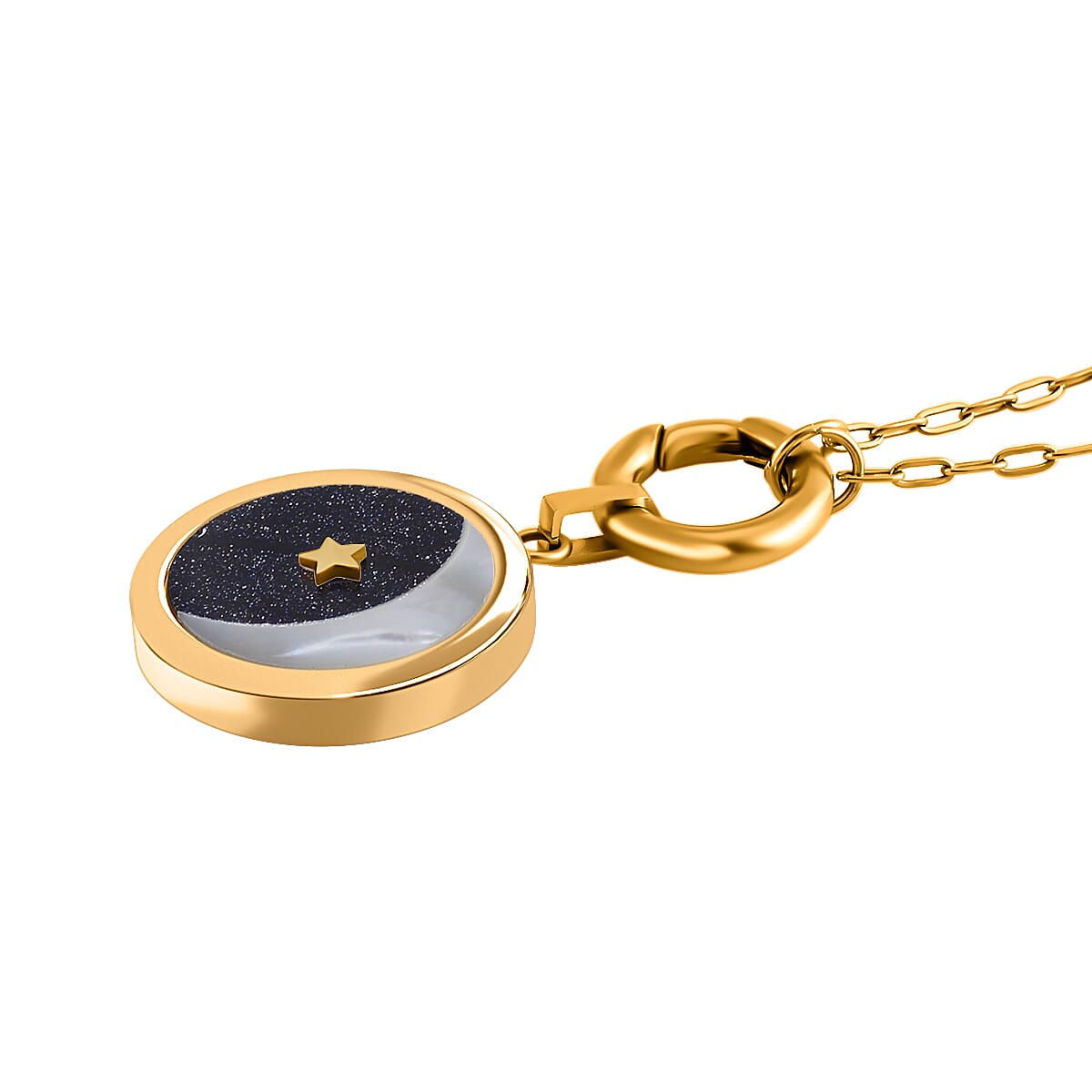 Blue Sandstone & Natural Colour Shell Pendant with Stainless Steel Chain (Size 24) in Yellow Gold Tone