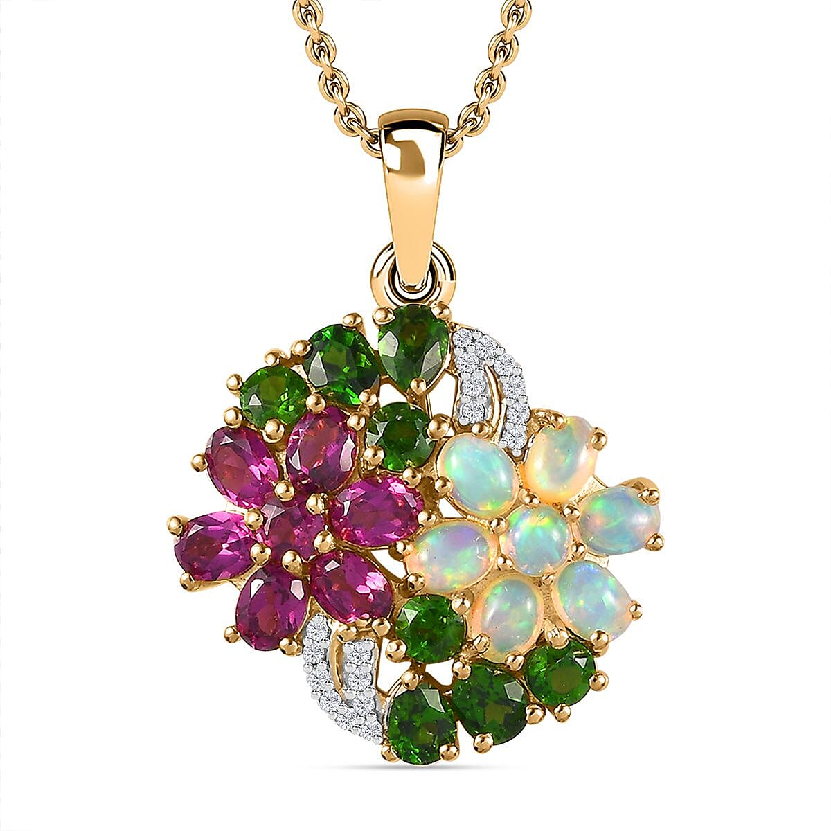 Ethiopian Welo Opal, Rhodolite Garnet, Chrome Diopside & Zircon Floral Pendant with Chain (Size 20) in 18K Yellow Gold Vermeil Plated Sterling Silver 3.5 Ct, Silver Wt 6.42 GM