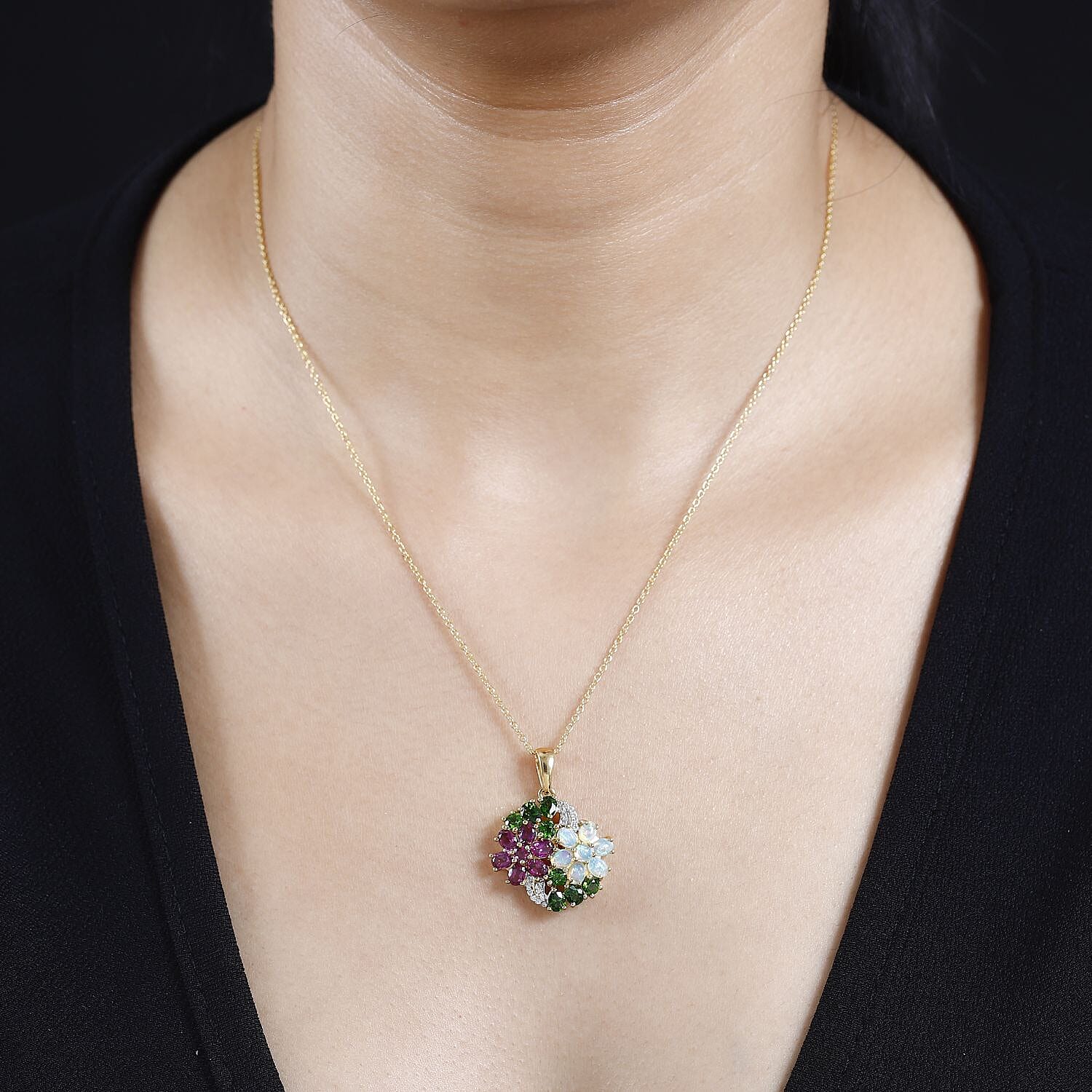 Ethiopian Welo Opal, Rhodolite Garnet, Chrome Diopside & Zircon Floral Pendant with Chain (Size 20) in 18K Yellow Gold Vermeil Plated Sterling Silver 3.5 Ct, Silver Wt 6.42 GM